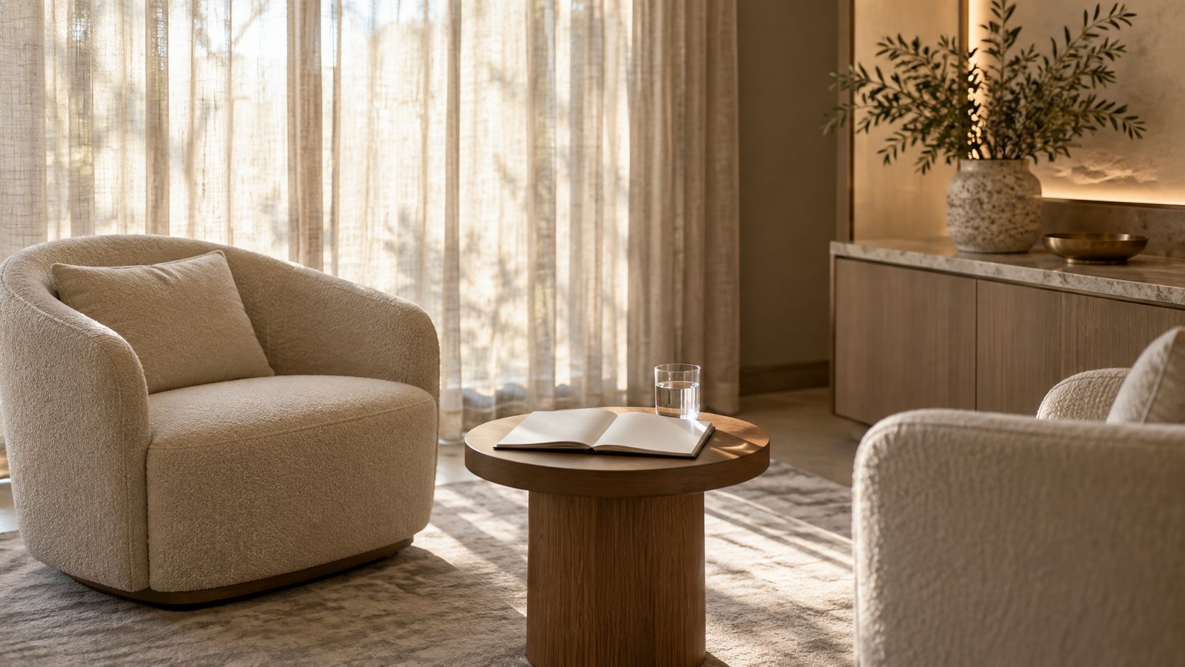 A consultation room with two armchairs in soft daylight