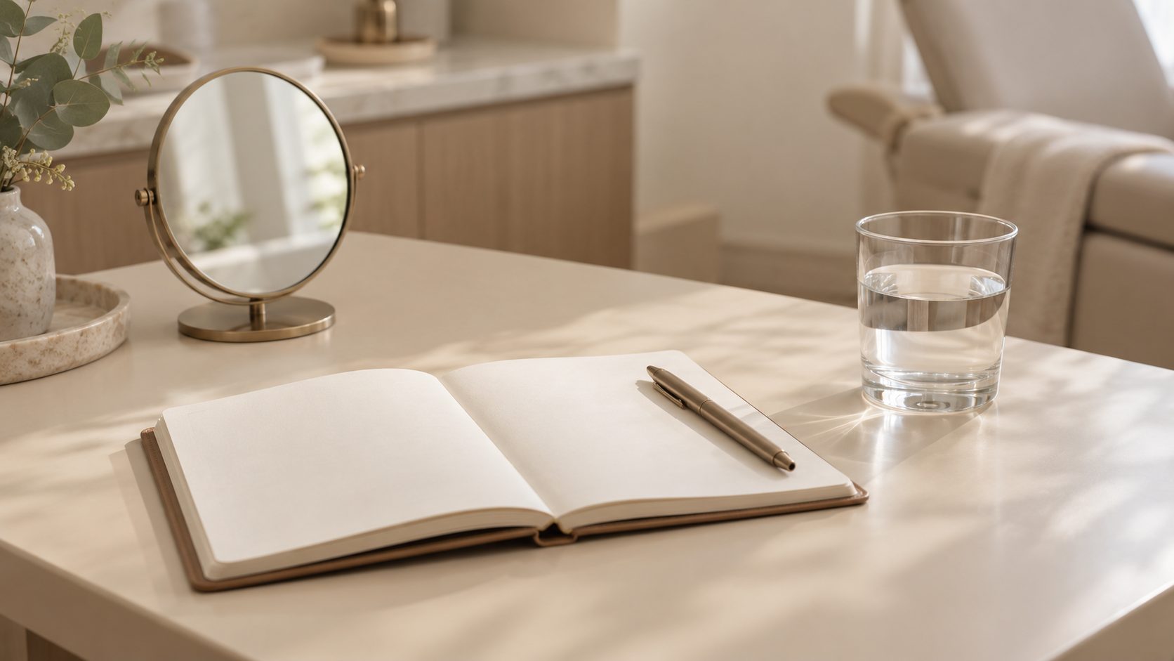 An open notebook, a hand mirror and a glass of water on a clinic table