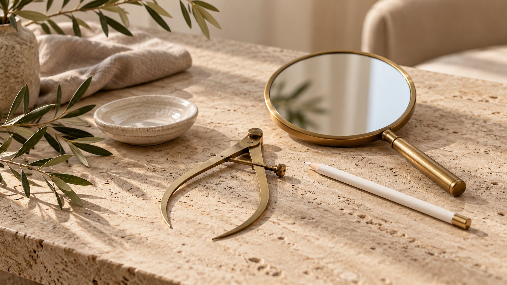 A hand mirror, brass calipers and a marking pencil on a consultation table