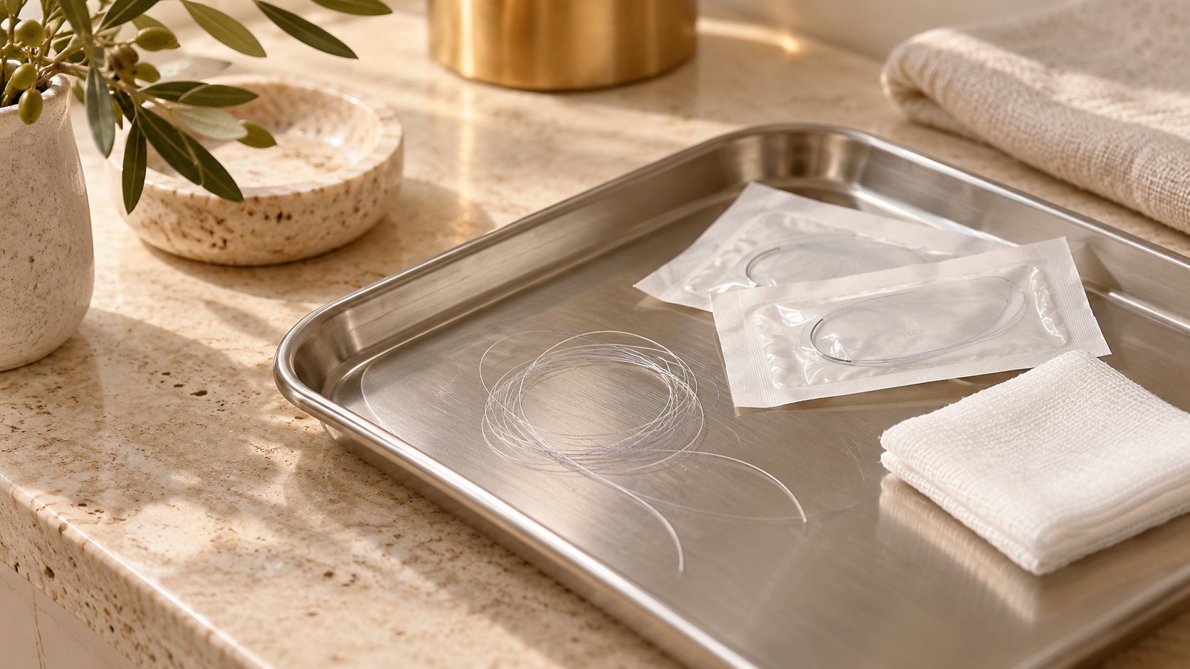 Dissolvable PDO threads and sterile pouches on a steel tray