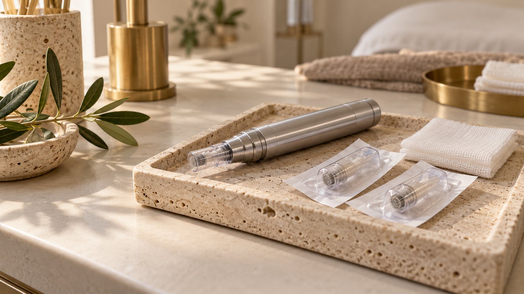 A skin needling pen and sterile needle cartridges on a stone tray