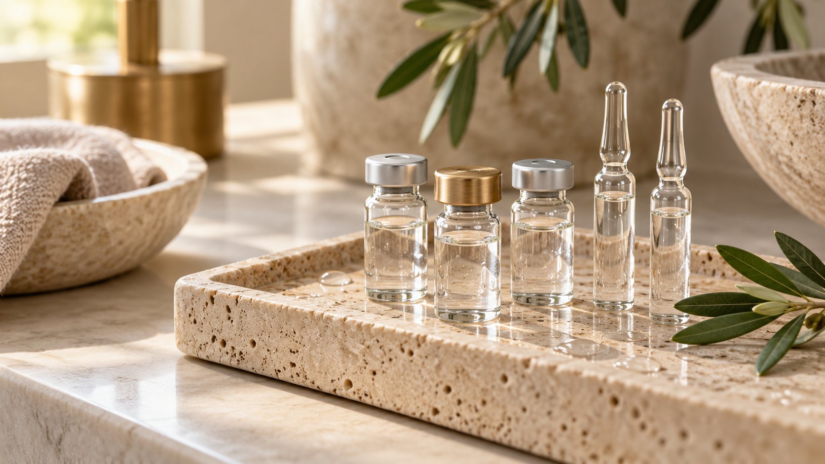 Glass vials and ampoules of skin booster on a stone tray